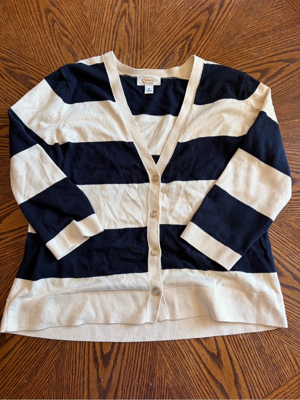 Talbots Navy and Cream Striped Button-Up Cardigan